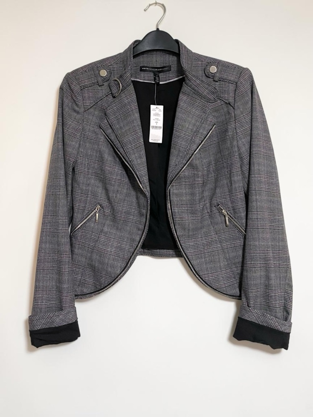 NWT White House Black Market Moto Jacket Open Womens Gray Plaid Sz 4